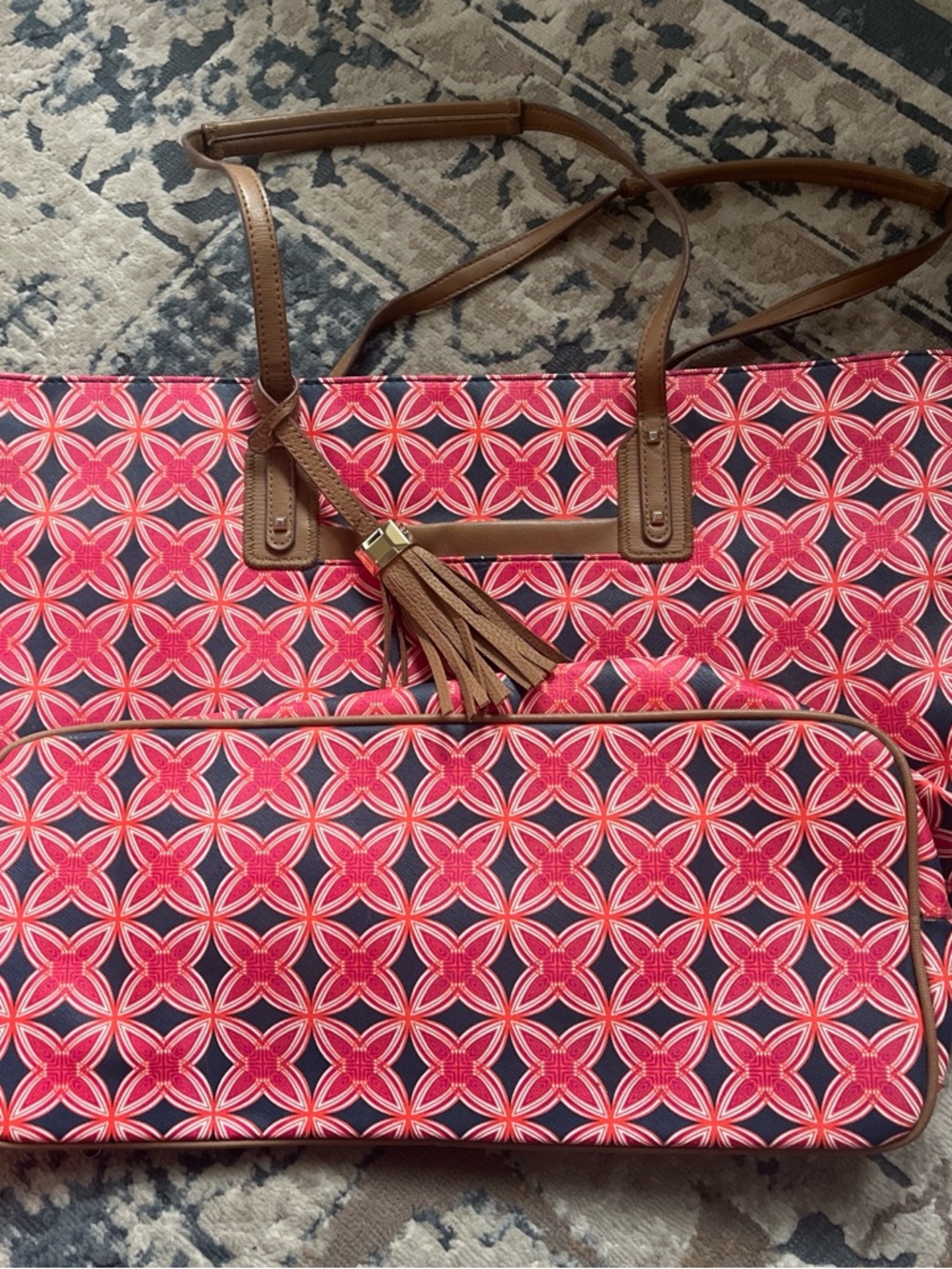 Stella & Dot Pink and Navy Geometric Tote with Brown Tassel